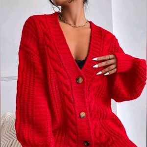New Boho Chunky Cable Knit Cardigan Sweater Red